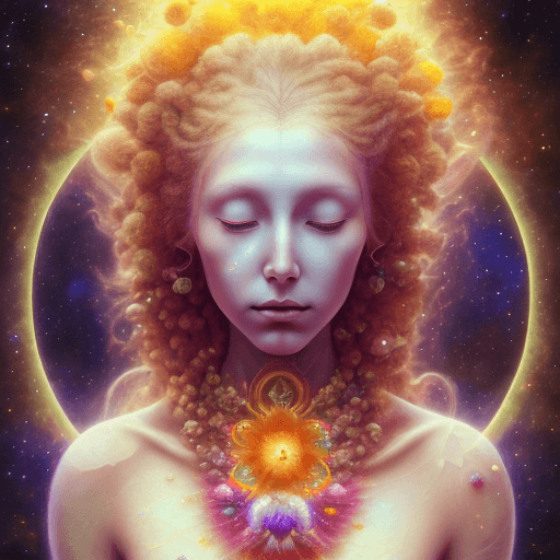 AI generated: A woman in sad pose in a cosmic place to loneliness on 12 petals heart chakra stellar meditations on...