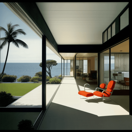 AI generated: Hyper realistic eye level exterior photo of a mid century modern style house overlooking the ocean, ...