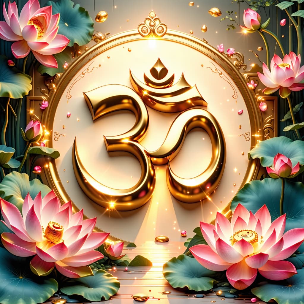 AI generated: The central symbol is a golden sign "ॐ (Om)", made in 3D volume with soft highlights, shine and poli...