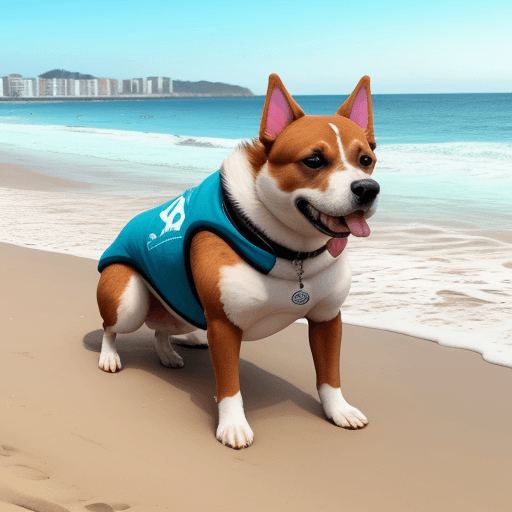 AI generated: perro gordo acostado en la playa