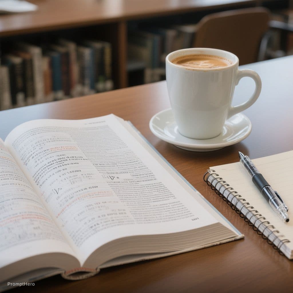 AI generated: a close-up of an open math book on a library desk, with a cup of coffee, a pen and a notebook next t...