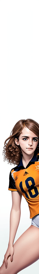 AI generated: Emma Watson (looking at camera) wearing volleyball uniform:1.3), (curly hair:0.9), (wide hips:0.9), ...