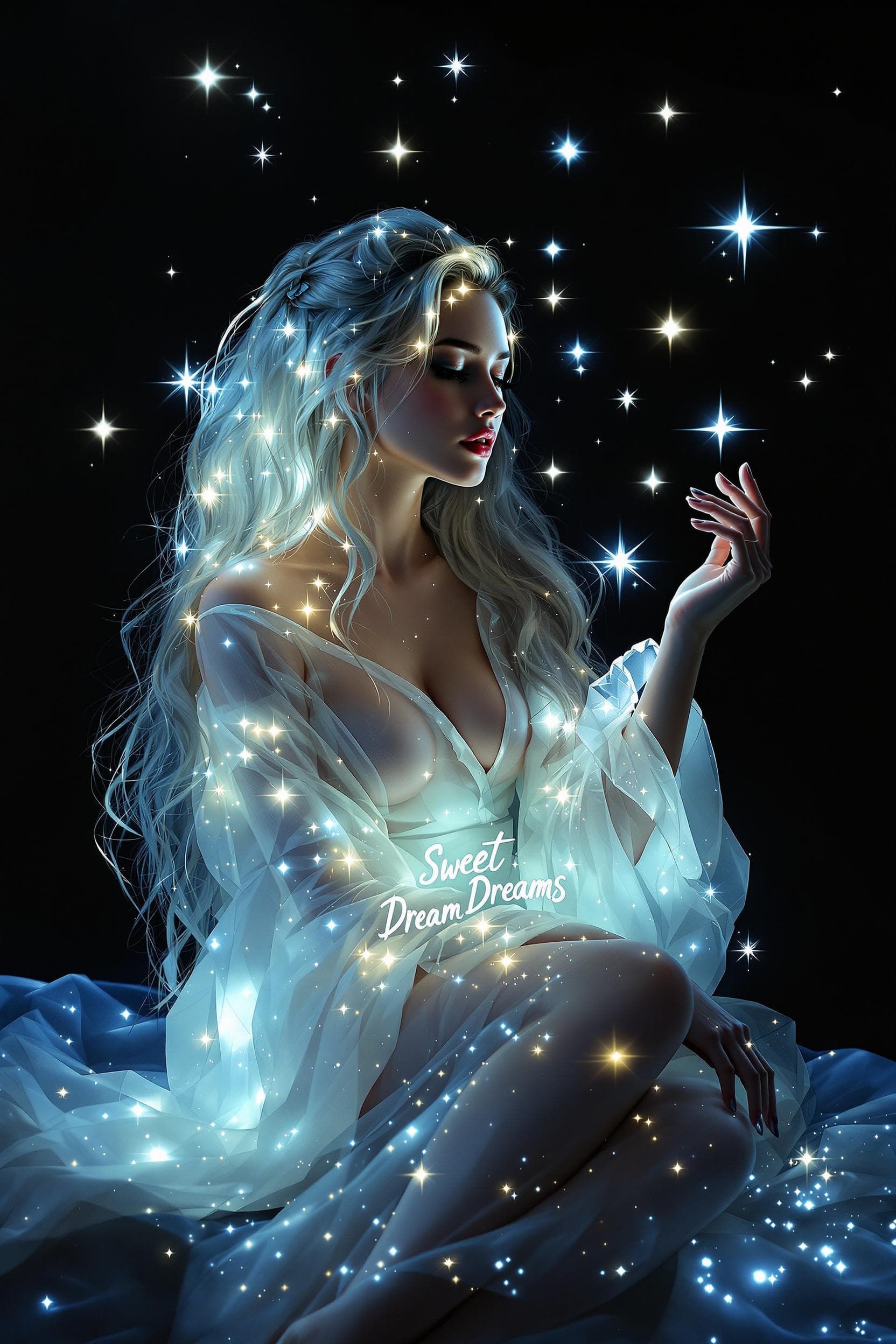 AI generated: Un portrait fantastique sombre enchanteur et vibrant, capturant une femme aux cheveux longs et flott...