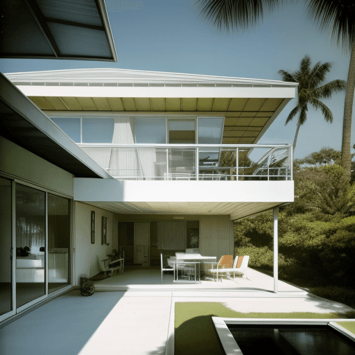 AI generated: Hyper realistic eye level exterior photo of a mid century modern style house overlooking the ocean, ...