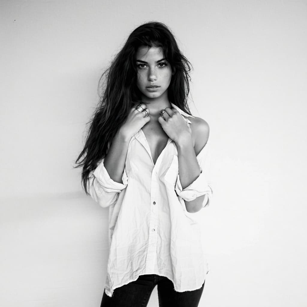 AI generated: Create a striking black and white image of a confident young woman with long, dark hair cascading ov...