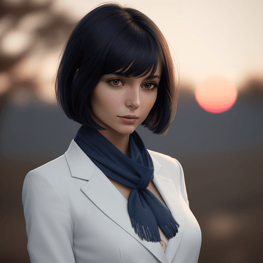 AI generated: Create an image of a woman with a short bob hairstyle, skinny,exuding a serene and composed demeanor...