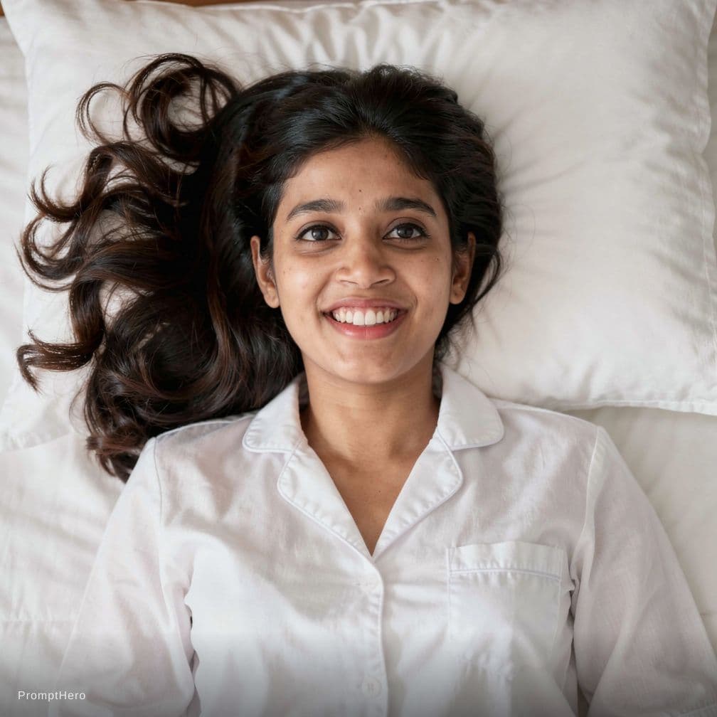 AI generated: Create a high-resolution photograph of a fit adult woman lying on her back in a bed covered with pri...
