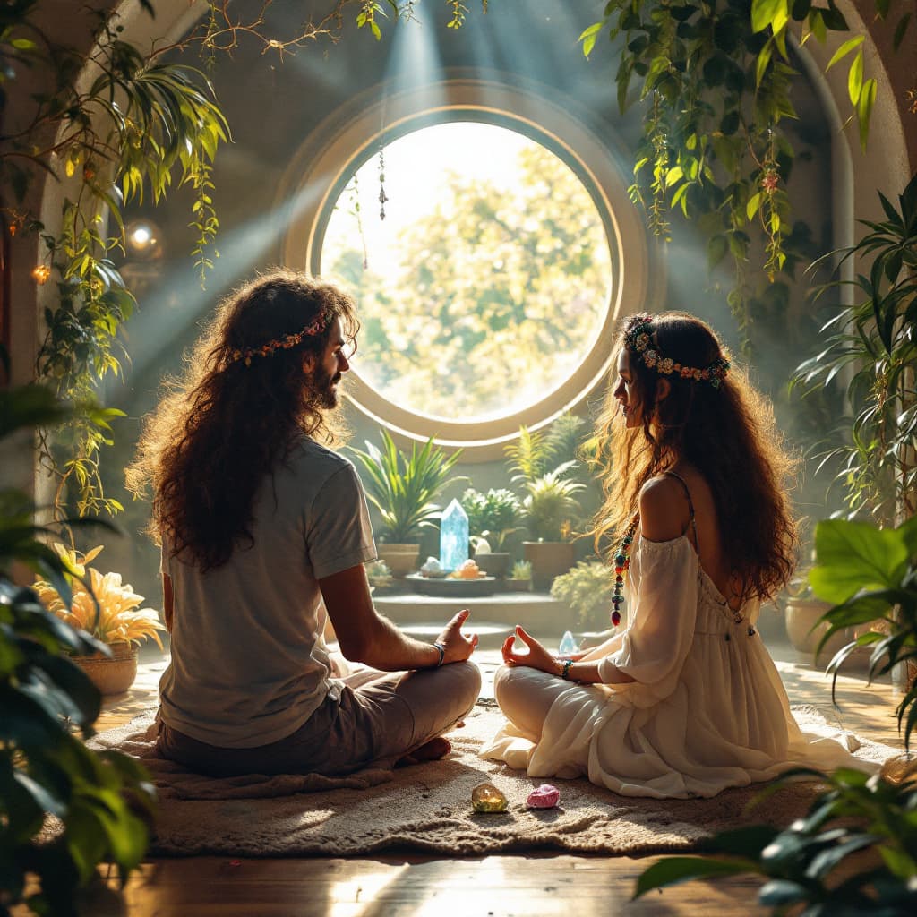 AI generated: Zen room for meditation with crystals and lots of plants, a young man and woman from the 1960s weari...