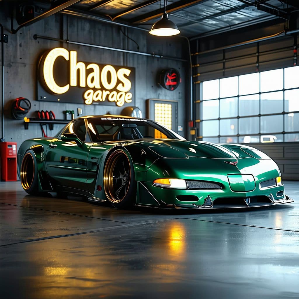 AI generated: General outline of a latest model dark British racing green 2000 corvette lowered with 
 in steampun...