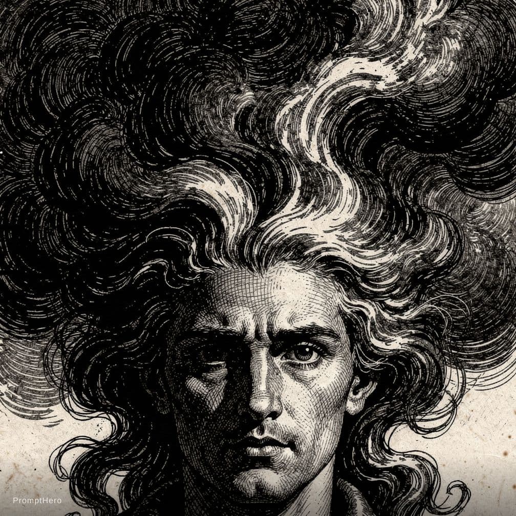 AI generated: Close-up of a face. Vintage woodcut. The highly detailed face at the bottom transforms into a swirli...