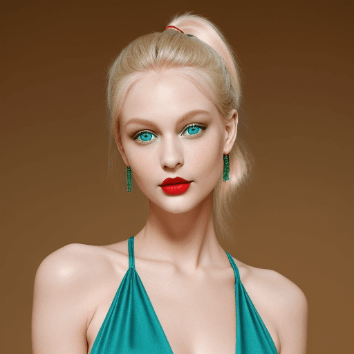 AI generated: Her emerald blue eyes and plump red lips create a mesmerizing aura. A blond ponytail is a refreshing...