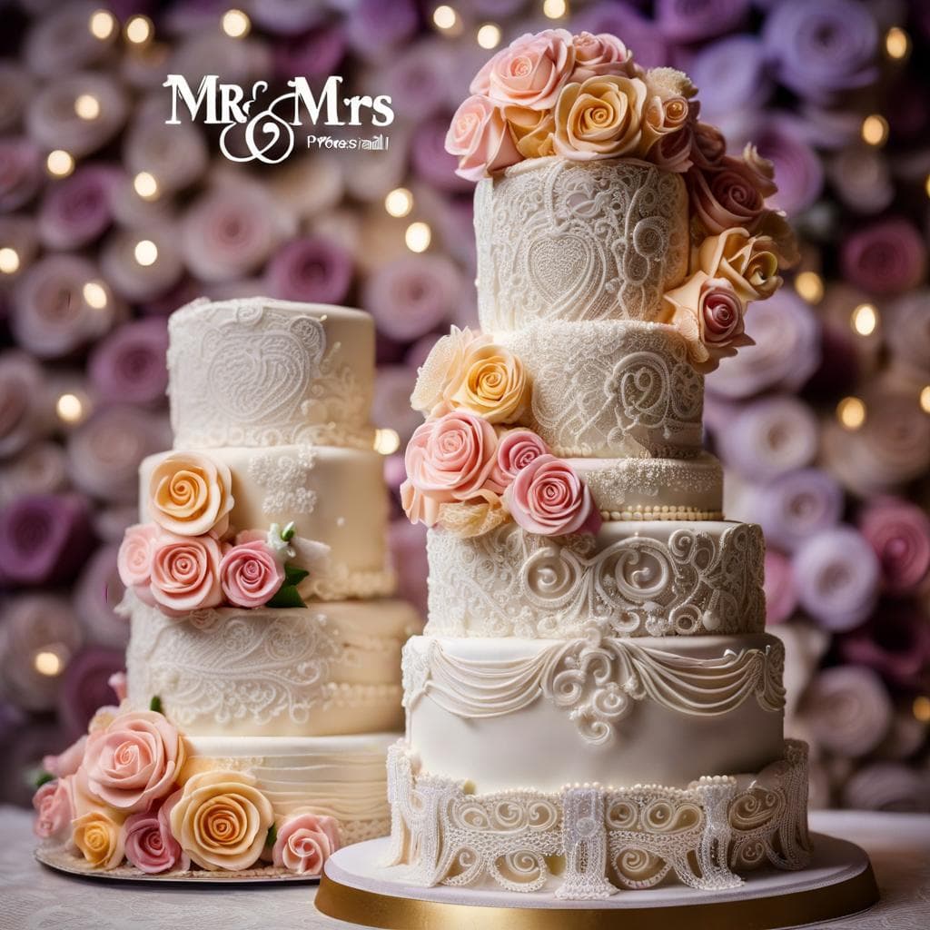 AI generated: a view of hundreds of separate wedding themed cakes inspired by a grand romance, with edible masks, ...