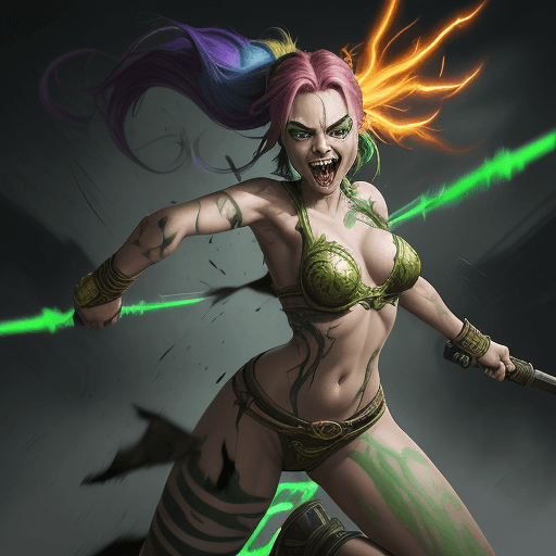 AI generated: painterly style, seductive female League of legends Jinx character fighting at war, raging, crazy sm...