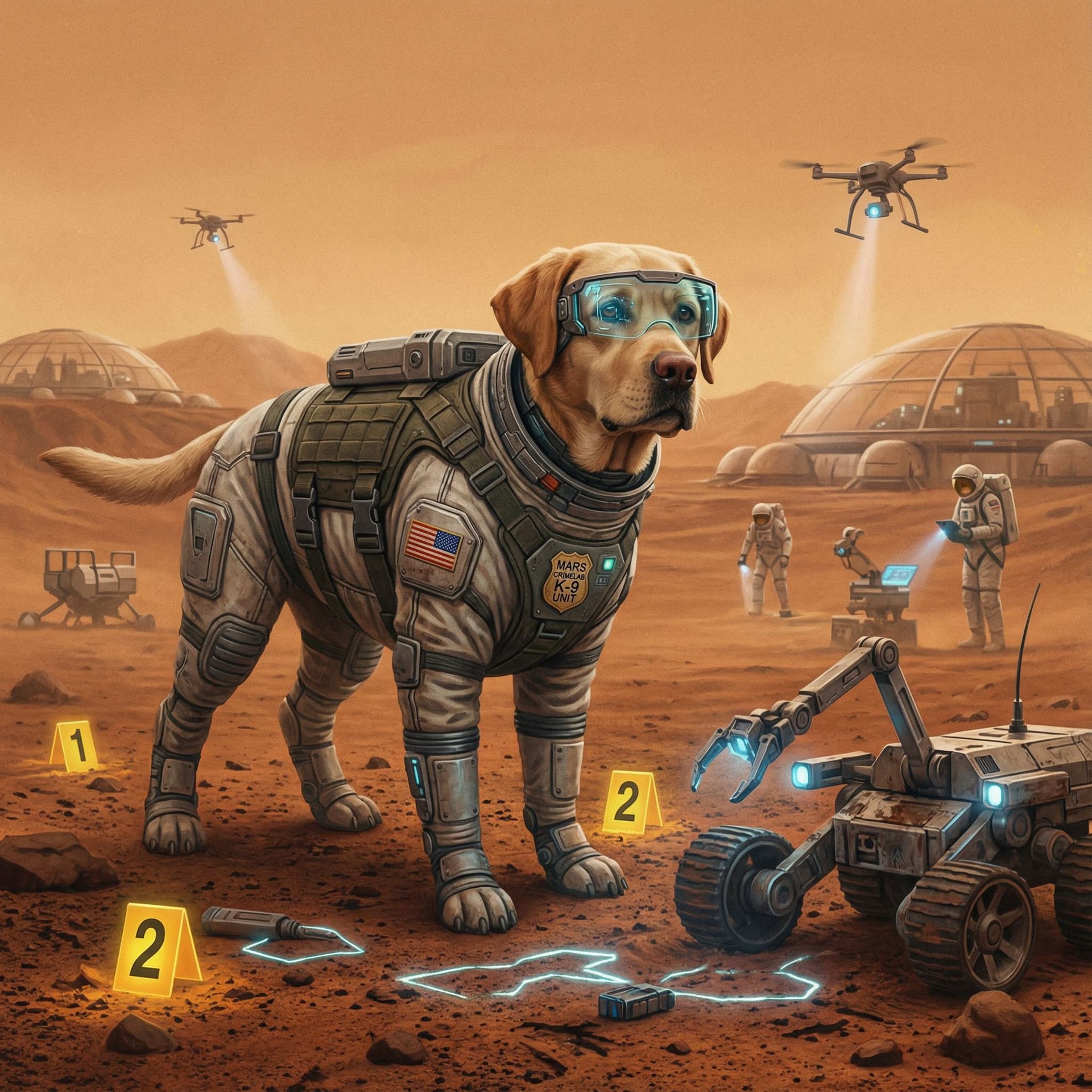 AI generated: Perro labrador futurista en marte que es investigador de crimenes