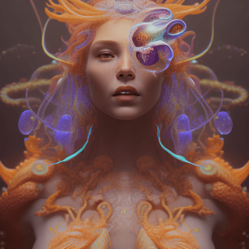 AI generated: Goddess close-up portrait ribcagel. jellyfish phoenix head, nautilus, orchid, skull, betta fish, bio...