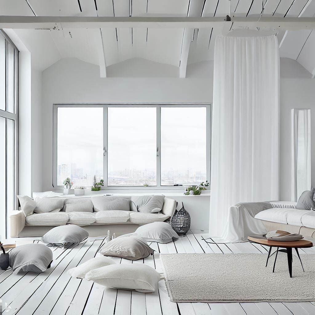 AI generated: interior design, scandinavian style, scandinavian design, white style, living room, modular furnitur...