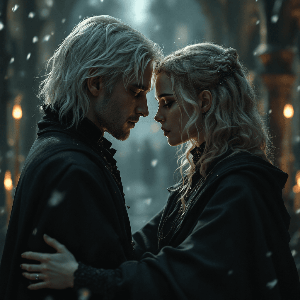 AI generated: Adult Draco Malfoy and Adult Hermione Granger embraced, there is a wizard war going on around them, ...