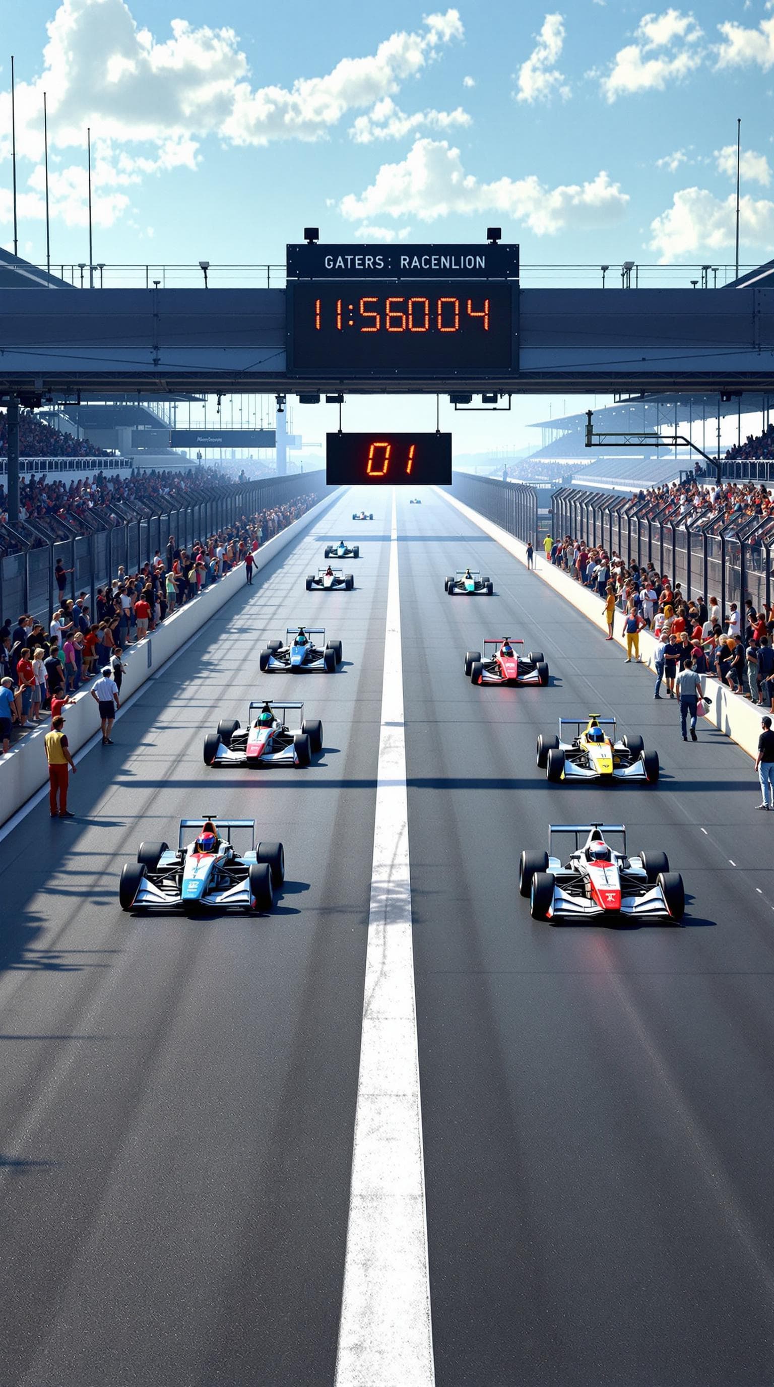 AI generated: Summer. At the start of the race track, (White stripe across the track) there are 5 (five) racing ca...