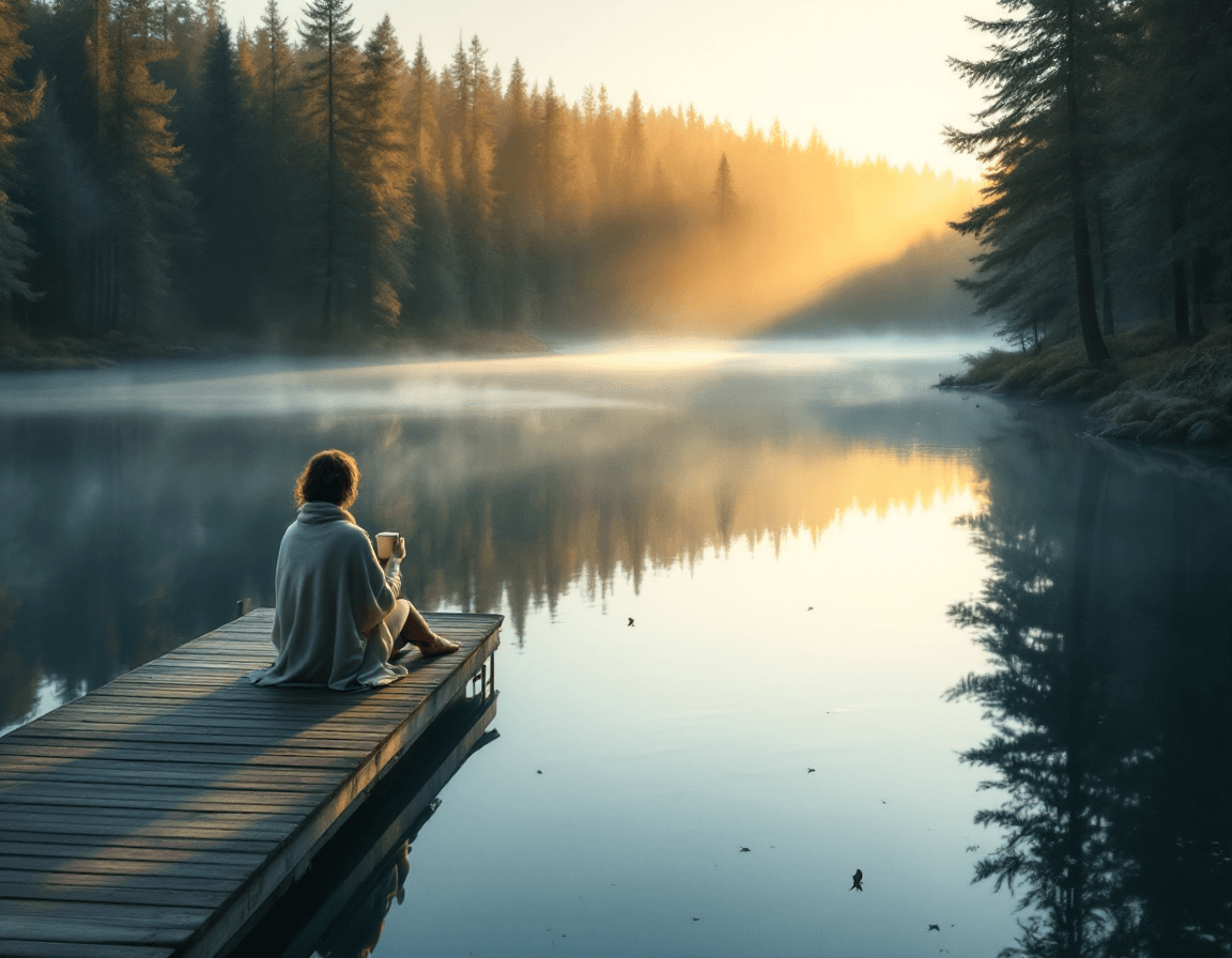 AI generated: A tranquil, glassy lake at dawn, surrounded by tall evergreen trees, rendered in soft, naturalistic ...