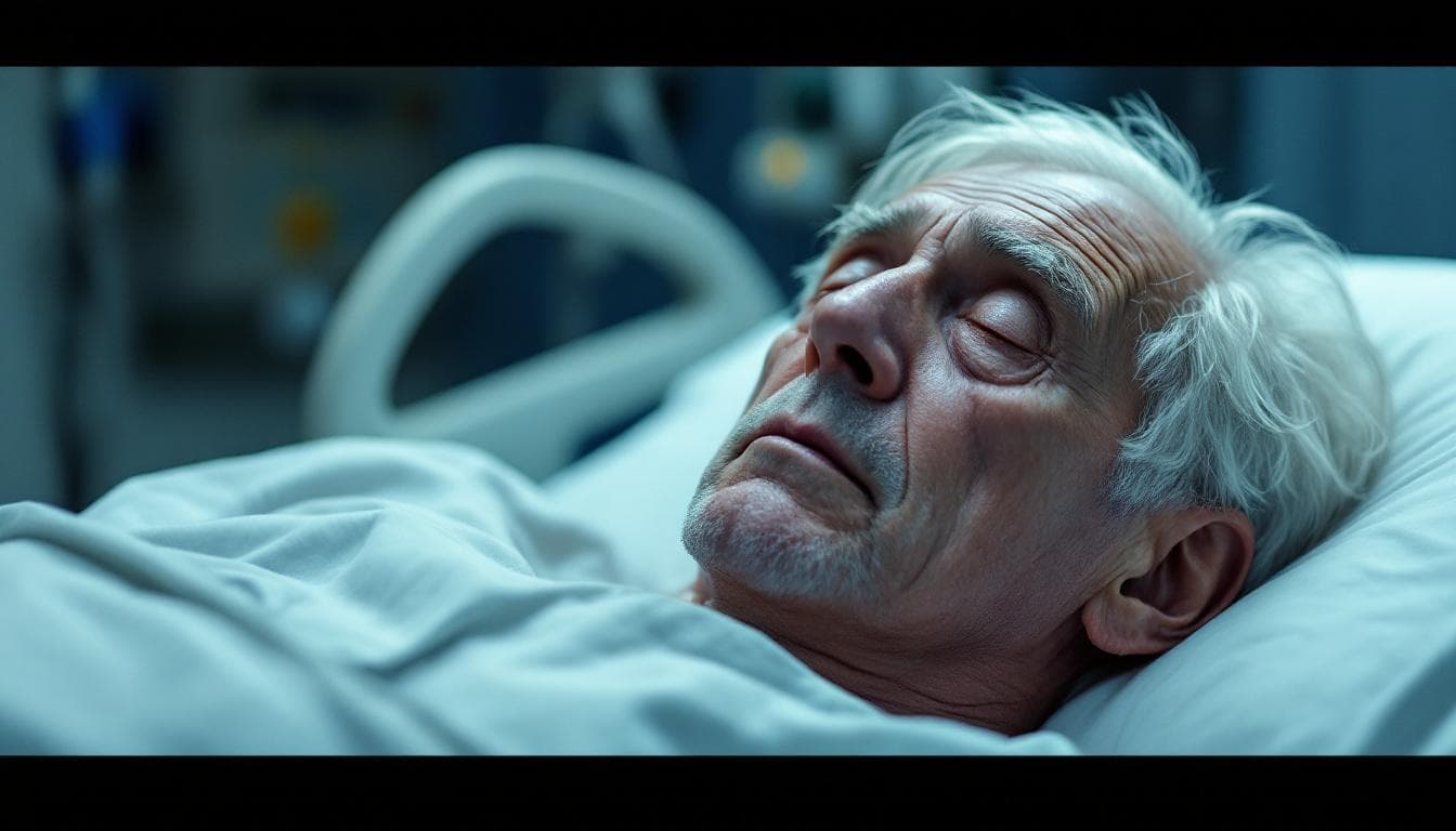 AI generated: Cinematic, ultra-realistic close-up of an old man with white hair lying on a hospital bed, very tire...