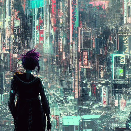 AI generated: A visual stunning photo of a female cyberpunk looking over tokyo skyline |centered| key visual| intr...