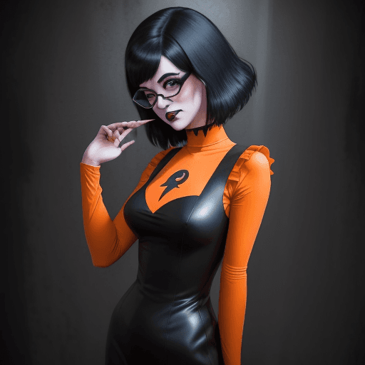 AI generated: goth girl astestic, velma from scooby-doo, a woman wearing eye glasses and an orange top, goth style...