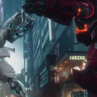 AI generated video: A cinematic anime-style battle between two giant mecha robots in a futuristic city at sunset. The ro...