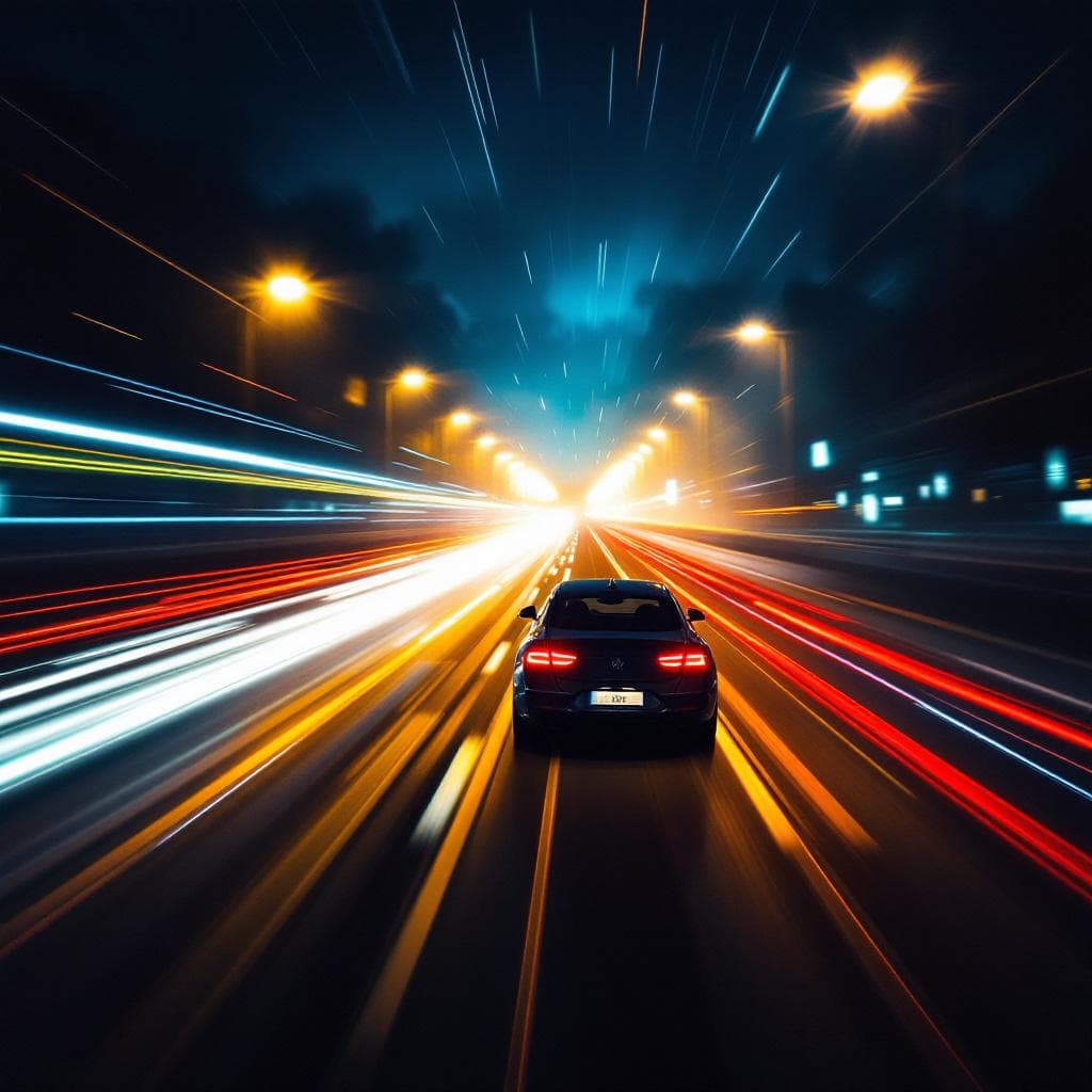 AI generated: Fluchtpunkt, glowing lights, Bewegungsunschärfe, nightlights, Dynamik, racing street, speed, symetri...