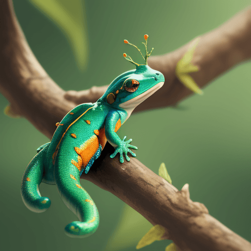 AI generated:  a colourful salamander on the branch with buterfly on it's head. Ultra-realistic
