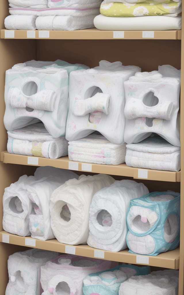 AI generated: high quality, diaper, tena pattern stack of diapers, bags of diapers, shelves with diaper cream, wom...