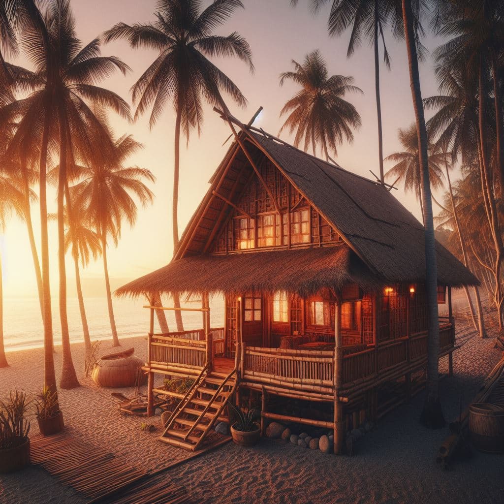 AI generated: Bamboo house on the beach surrounded by palm trees and coconut trees at sunset