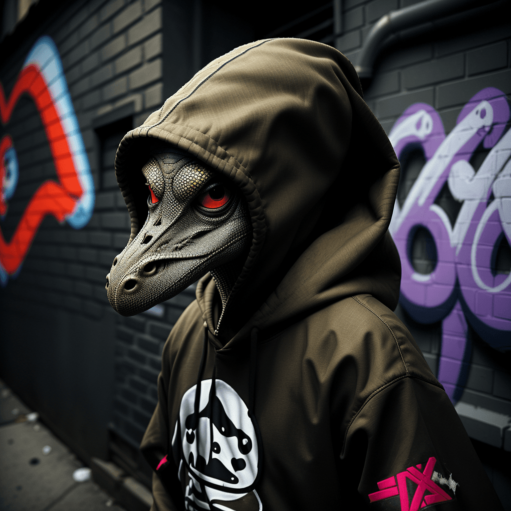 AI generated: at the back yard of cluttered ny street alley underground graffiti walls, hooded (dinosaur dressed a...