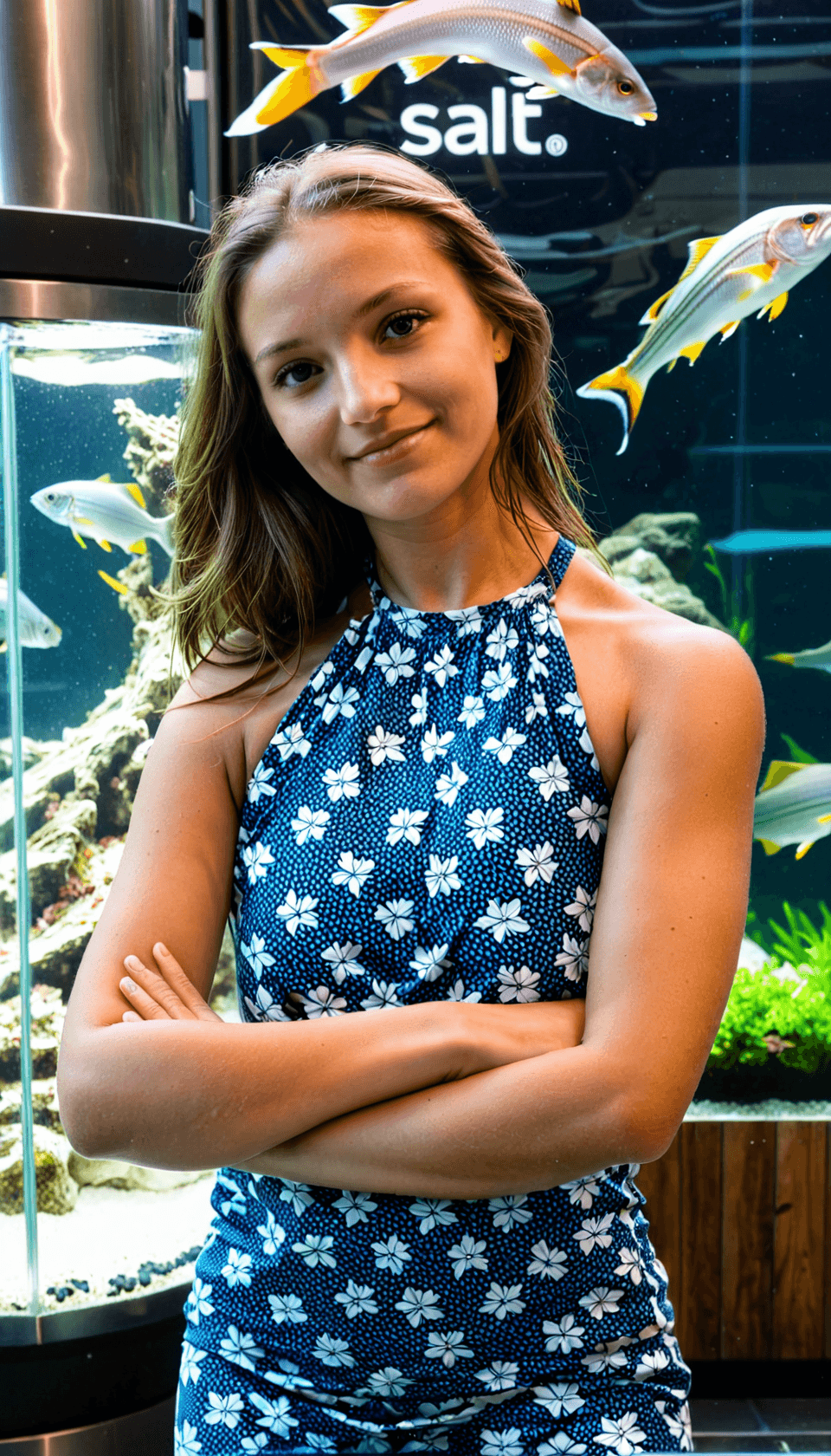 AI generated: iphone photo woman posing for the camera with her arms crossed and head tilted standing in front of ...