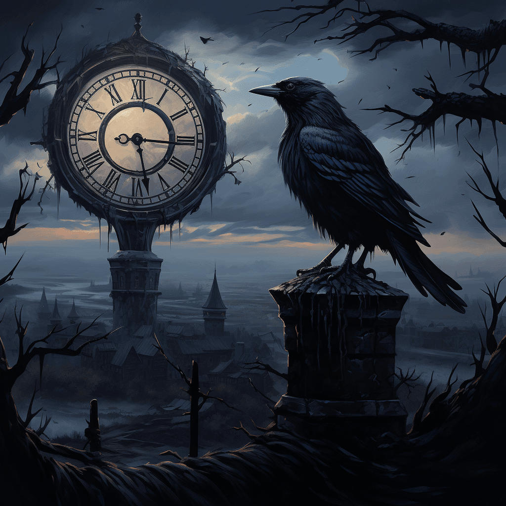AI generated: an art piece which has a raven and a clock tower in the background, in the style of moody tonalism, ...