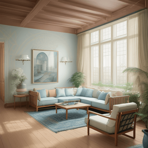 AI generated: High resolution photography interior design, dreamy sunken living room conversation pit, wooden floo...