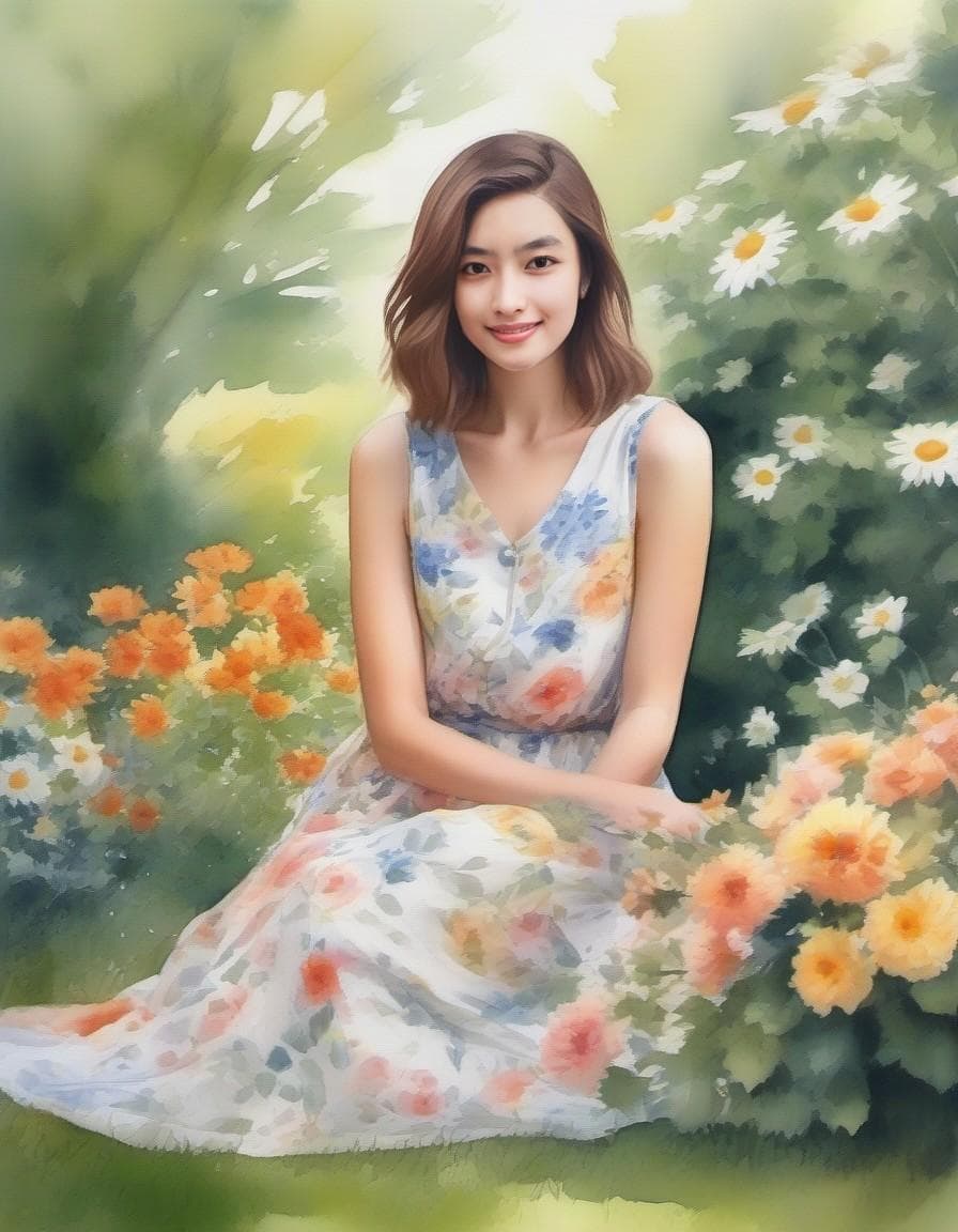 AI generated: young woman, brown hair, squatting, legs spread, summer dress, slim face, (blushing), watercolor pai...