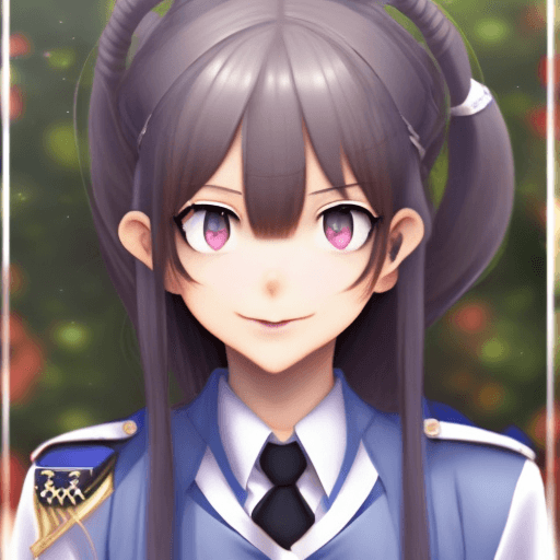 AI generated: Beautiful highschool girl in uniform turns around with a smile with tears, long hair in buns, anime,...