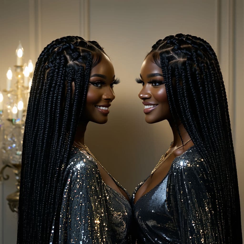 AI generated: Deux femmes noires identiques, de profil en miroir, se regardent intensément. Vêtues d'élégantes rob...