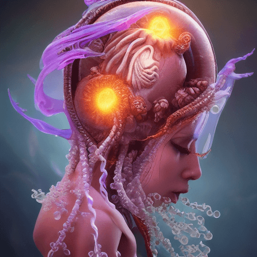 AI generated: Goddess close-up portrait ribcagel. jellyfish phoenix head, nautilus, orchid, skull, betta fish, bio...