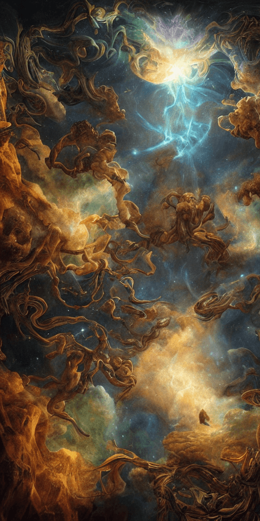 AI generated: raytraced render and digital painting of the inconceivable and spectacular a scene of complete madne...