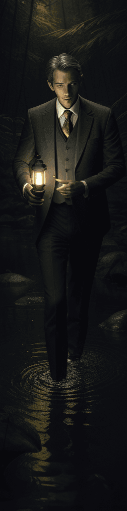 AI generated: A man in a suit, holding an unlit kerosene lamp in his hand, searching for his way through a foot of...