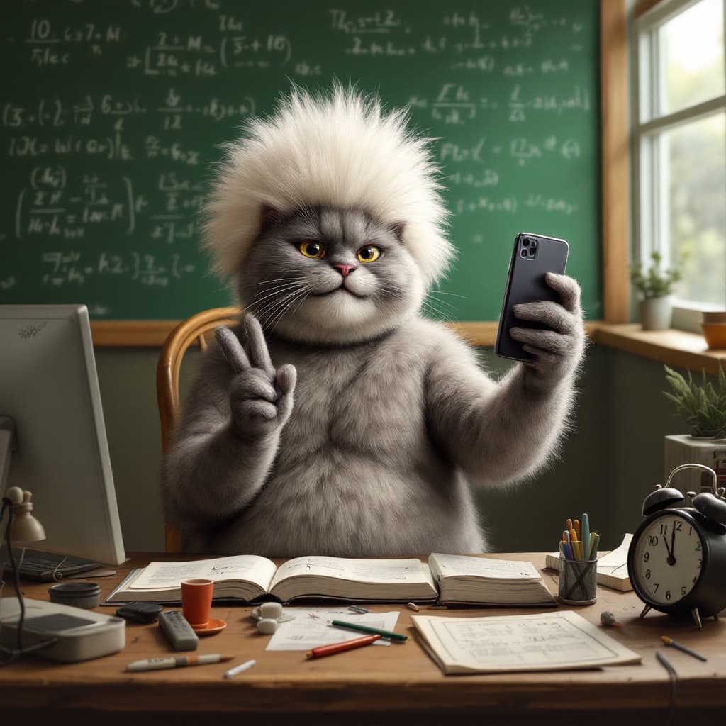 AI generated: An anthropomorphic gray British shorthair cat, wearing a wild fluffy white wig and a dome-shaped bal...