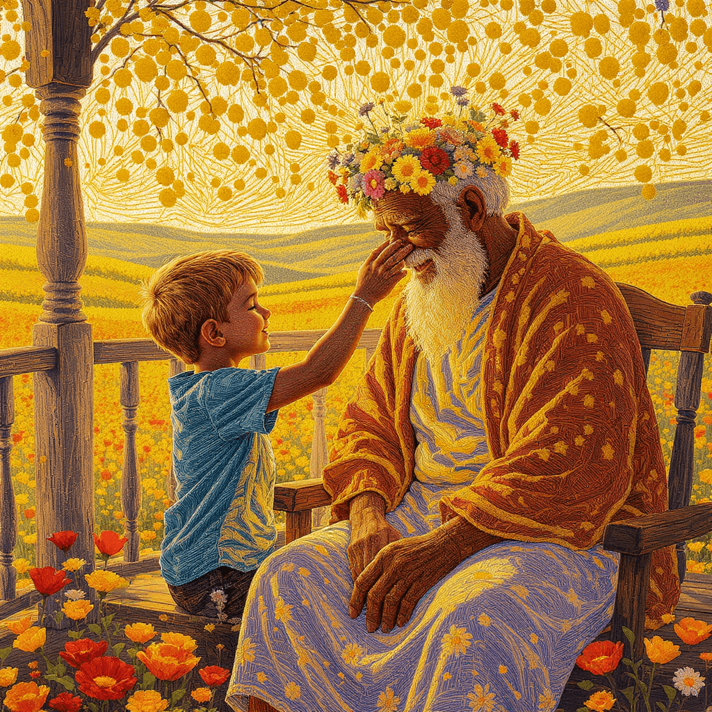 AI generated: A touching scene of a young boy gently placing a crown of wildflowers on his grandfather’s head as t...