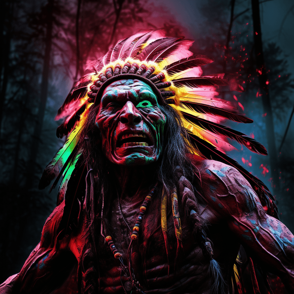 AI generated: Native American Evil spirit out in the woods, in the style of night photography, intense color satur...