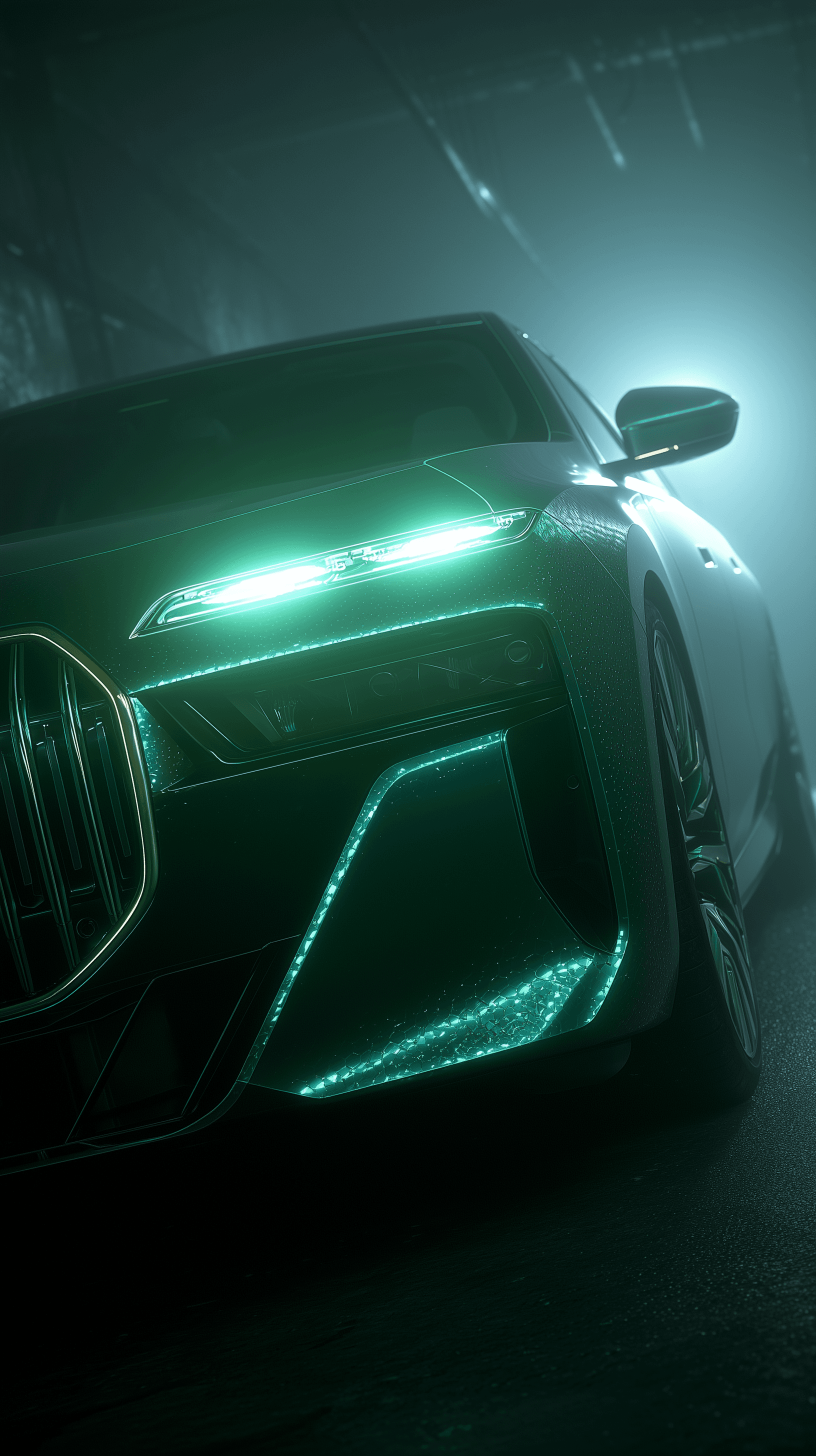 AI generated: photography, BMW 7 concept design, luminous nebula garage, liquid-metal green fluorescent color skin...