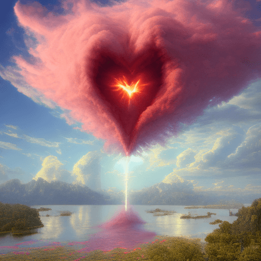 AI generated: a red heart in the clouds over water, in the style of zbrush, light pink and sky-blue, i can't belie...