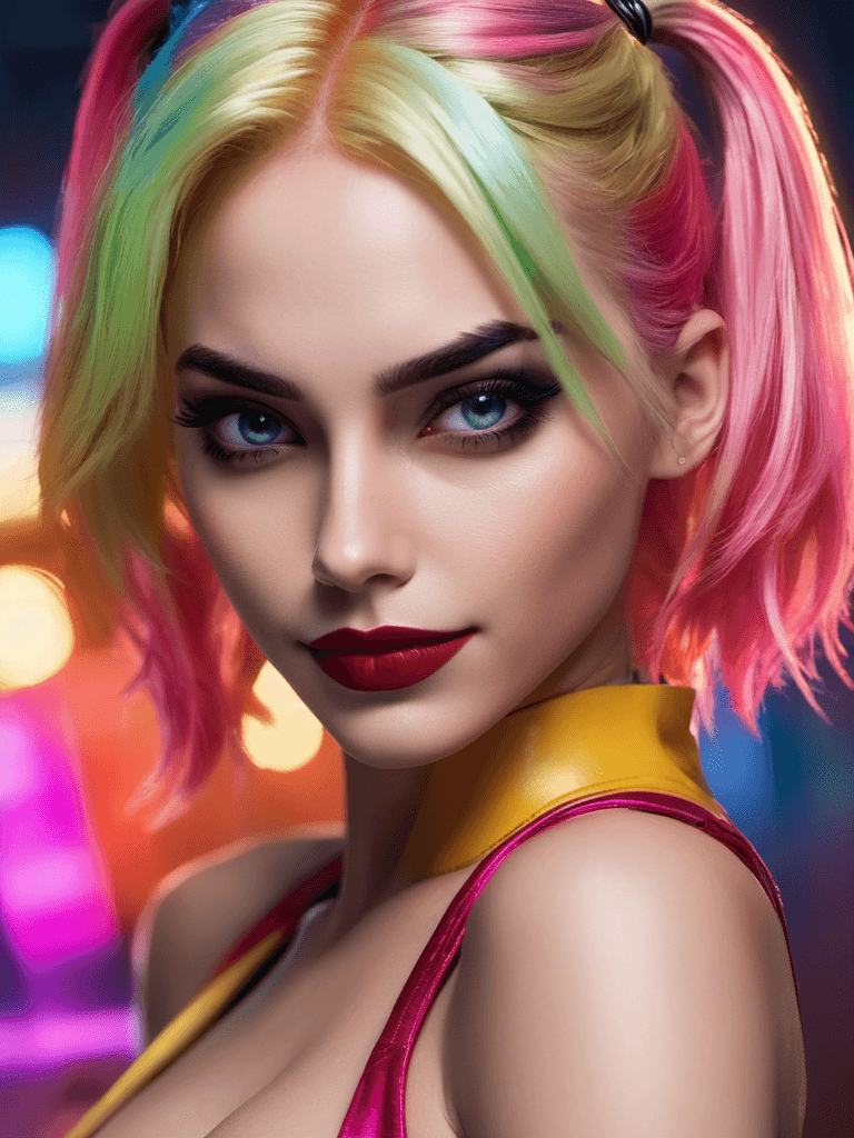 AI generated: full body:1.5, Cyberpunk Harley Quinn, Evil attitude, cold stare, (neon Gotham City):1.5, ((masterpi...