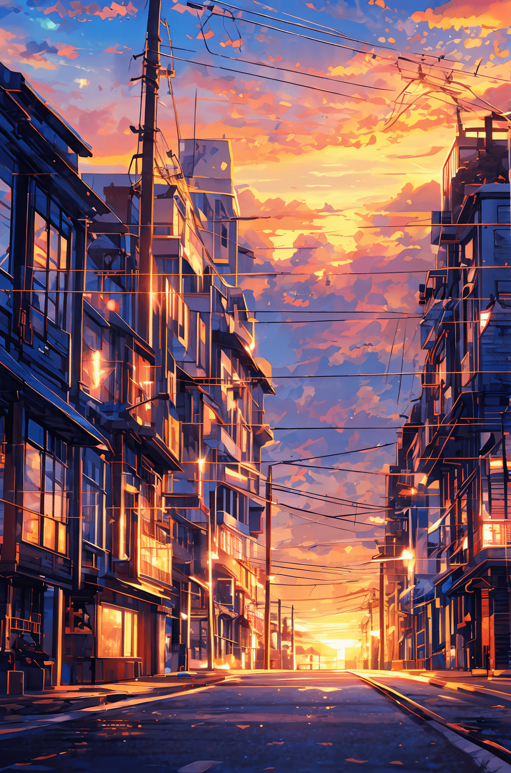 AI generated: masterpiece, concept art, a painting of (electric poles:1.5) in a city street at sunset, a painting,...