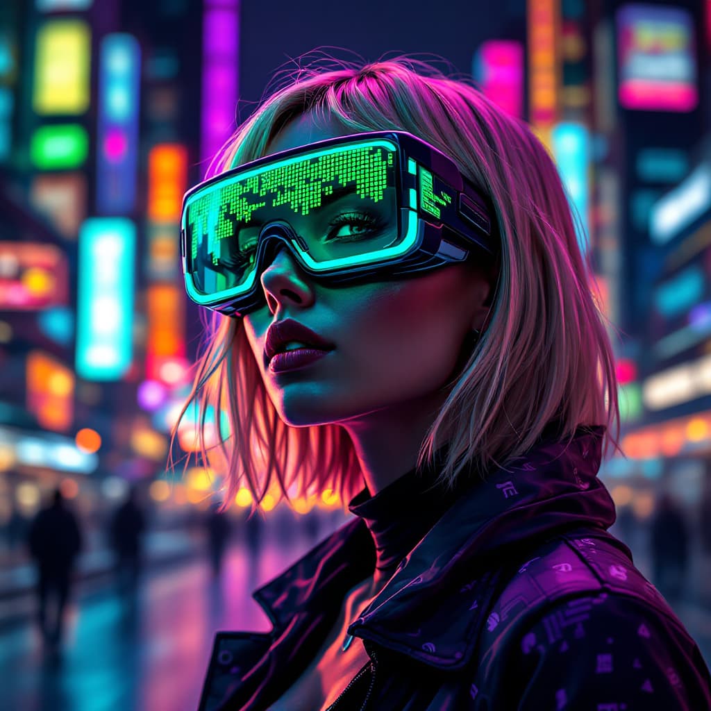 AI generated: A futuristic digital illustration features a woman wearing augmented reality glasses in a vibrantly ...
