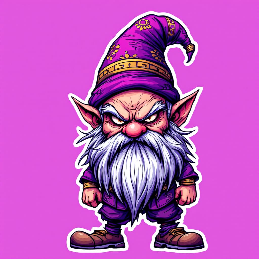 AI generated: A highly detailed full-body cartoon sticker of a whimsical gnome character. The gnome is wearing a v...